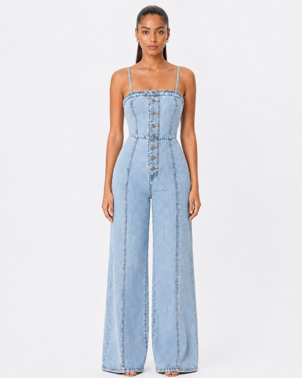 Button-Down Wide Leg Denim Jumpsuit