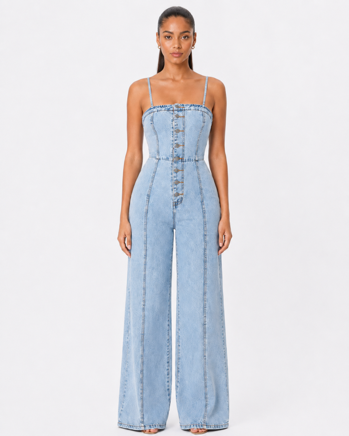 Button-Down Wide Leg Denim Jumpsuit