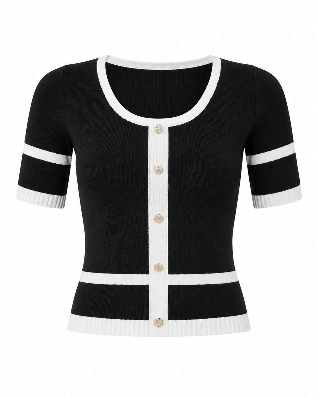 Button Decor Contrast Trim Sweater