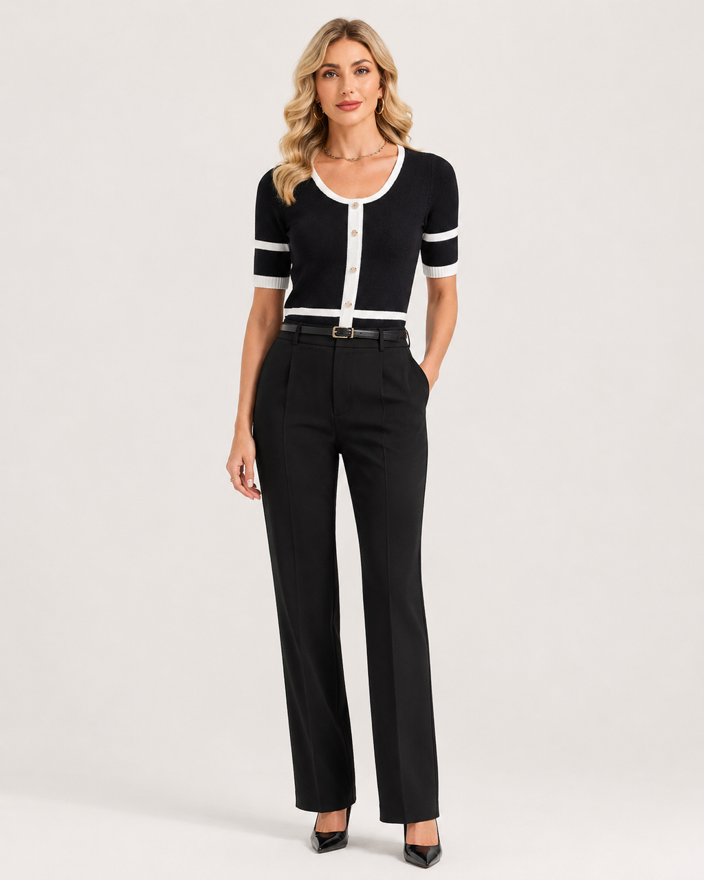 Button Decor Contrast Trim Sweater
