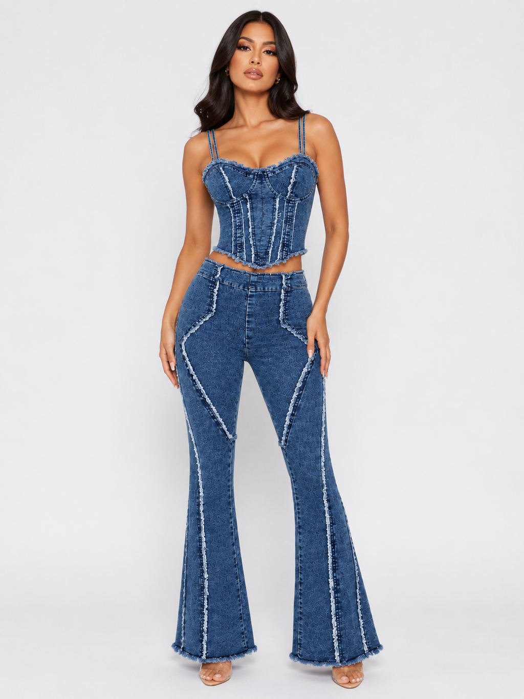 Raw Hem Denim Cami and Flare Jeans Set