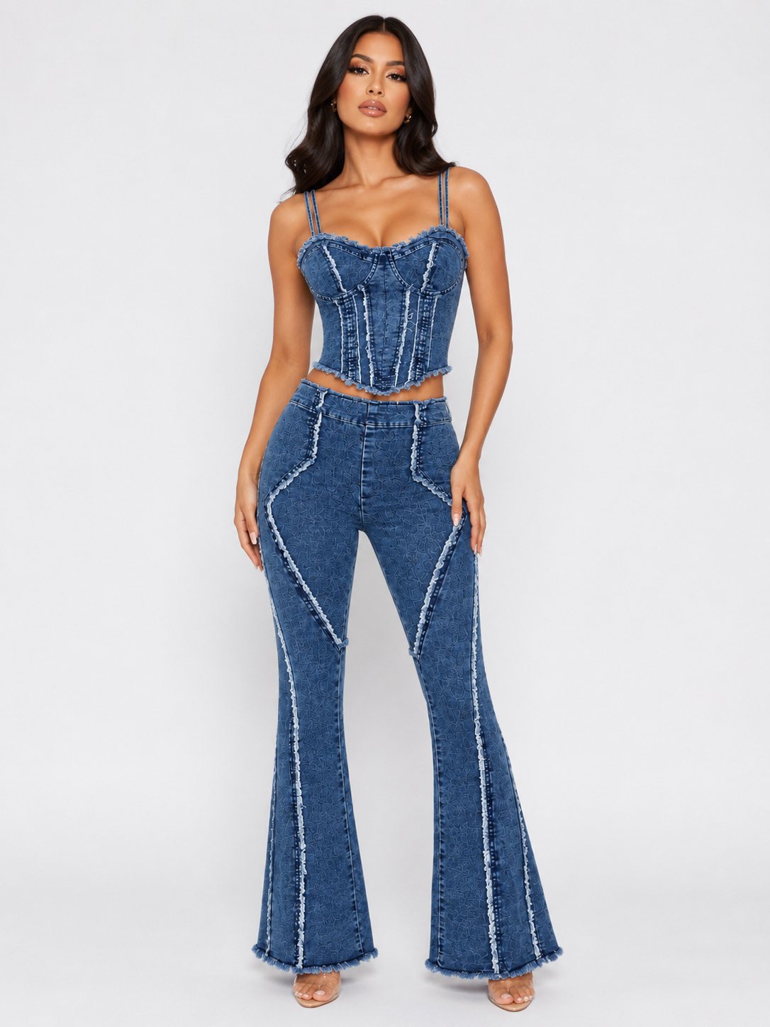 Raw Hem Denim Cami and Flare Jeans Set