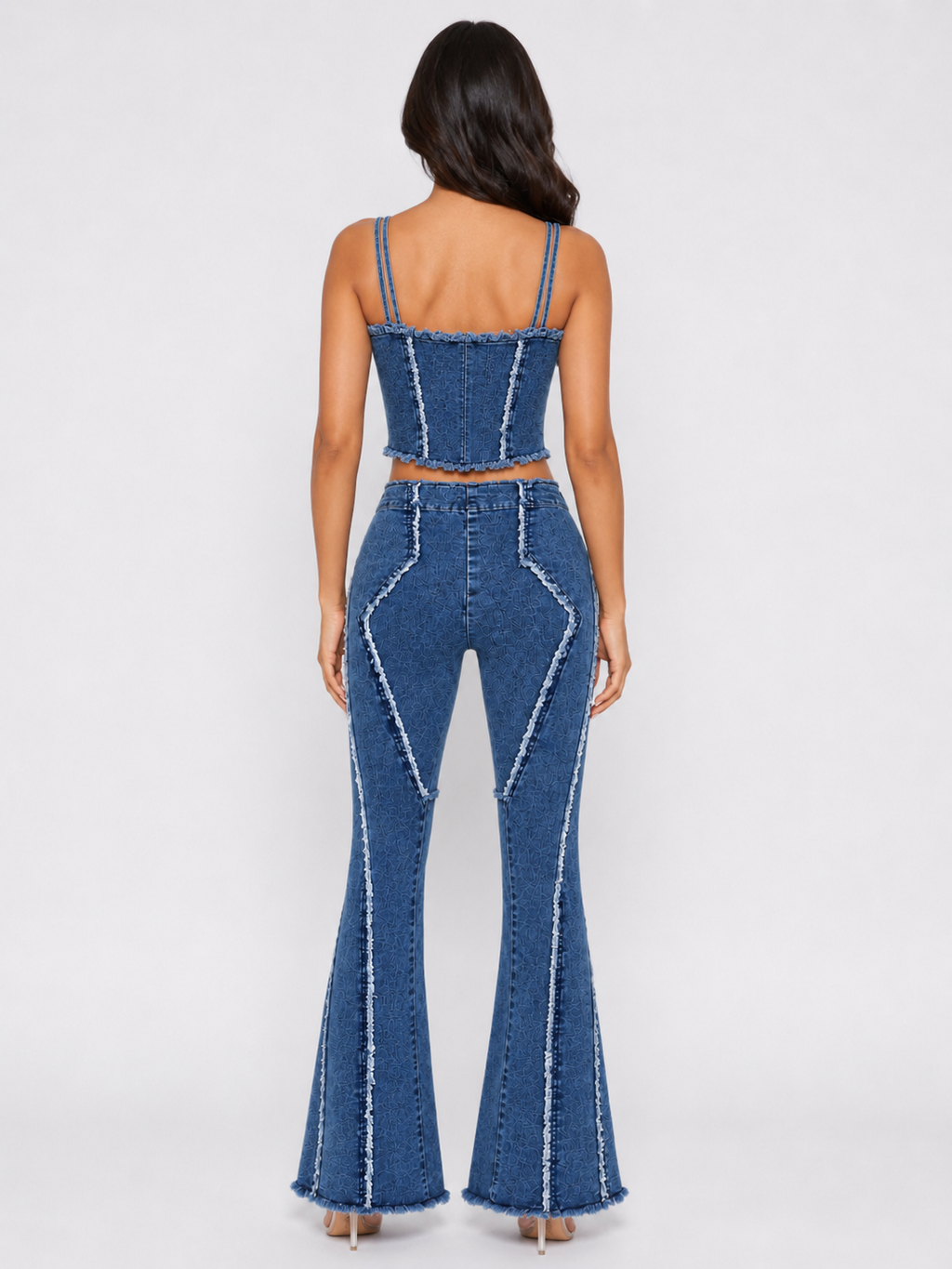 Raw Hem Denim Cami and Flare Jeans Set