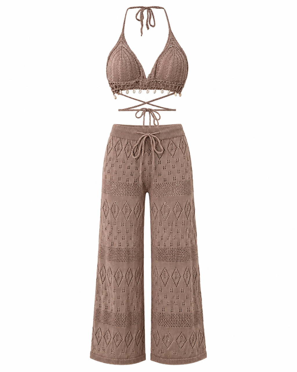 Crochet Knit Halter Neck Top and Wide Leg Pants Set