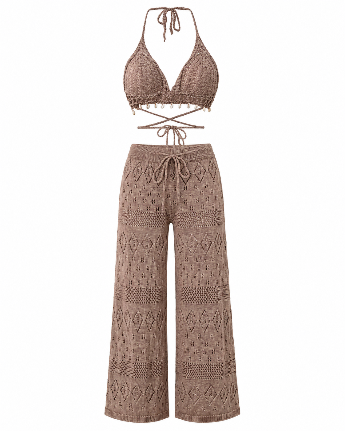 Crochet Knit Halter Neck Top and Wide Leg Pants Set