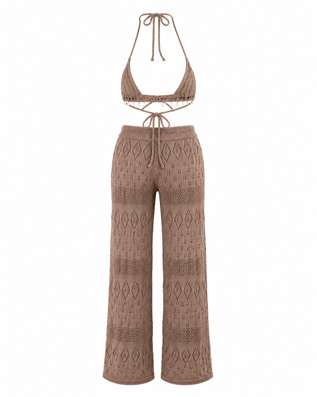 Crochet Knit Halter Neck Top and Wide Leg Pants Set
