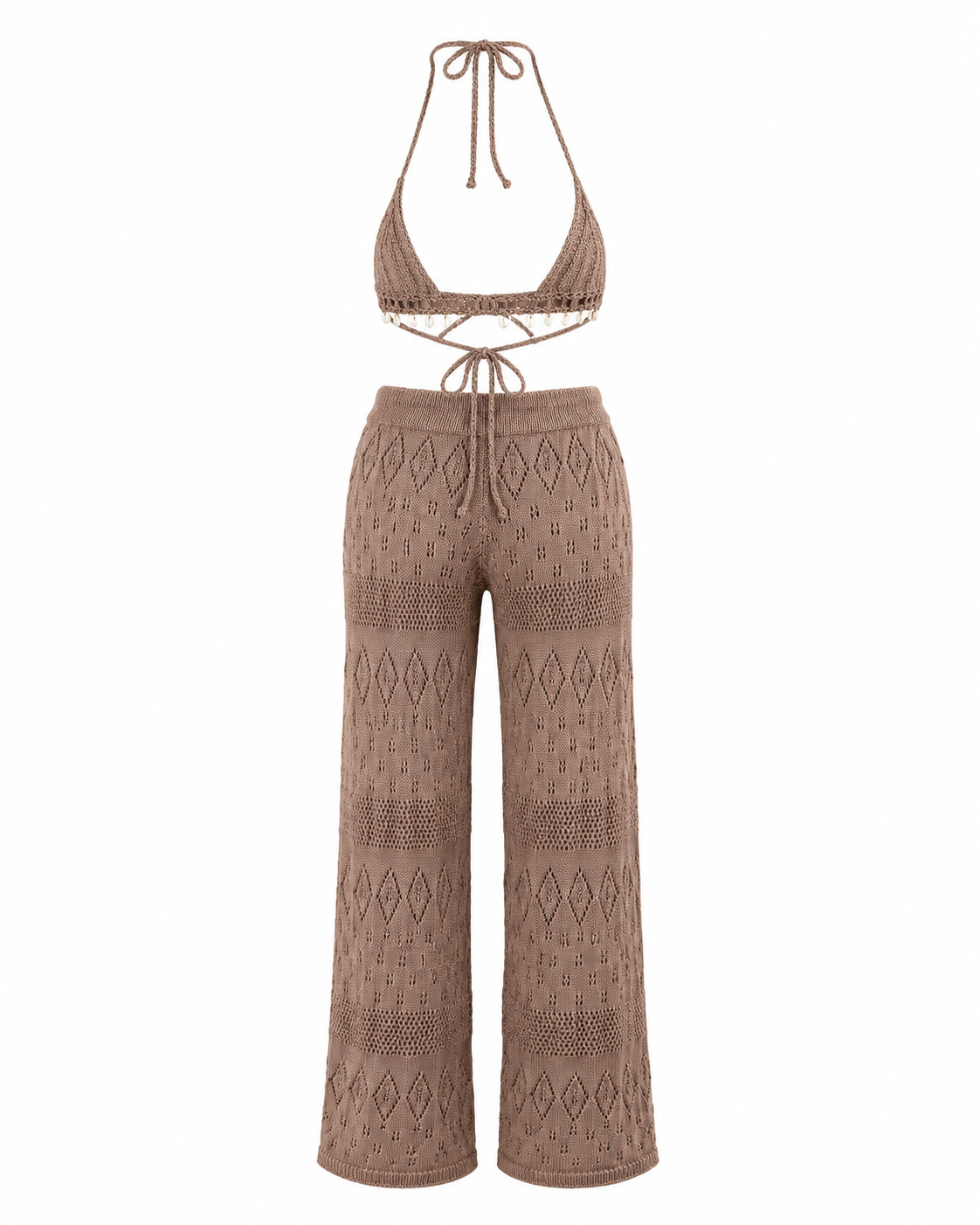 Crochet Knit Halter Neck Top and Wide Leg Pants Set
