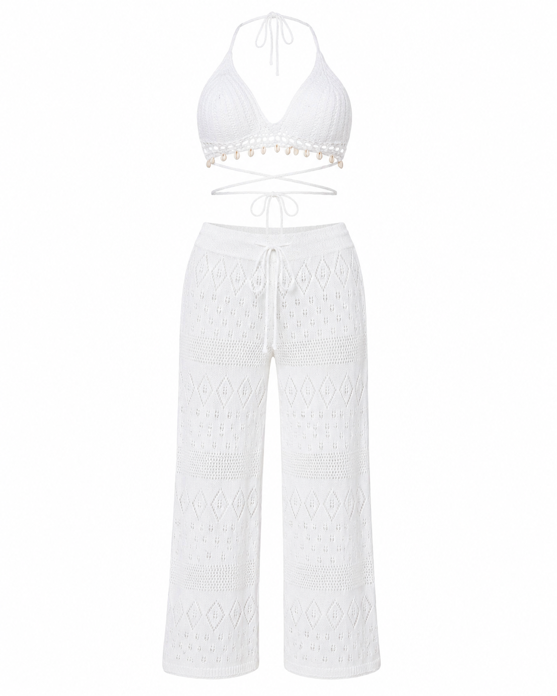 Crochet Knit Halter Neck Top and Wide Leg Pants Set
