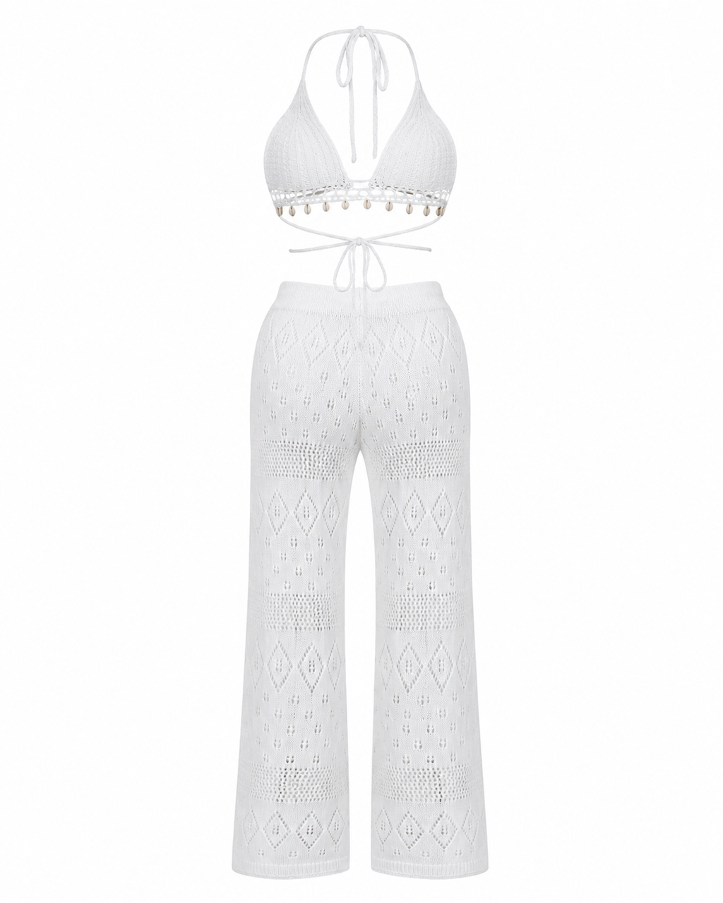 Crochet Knit Halter Neck Top and Wide Leg Pants Set