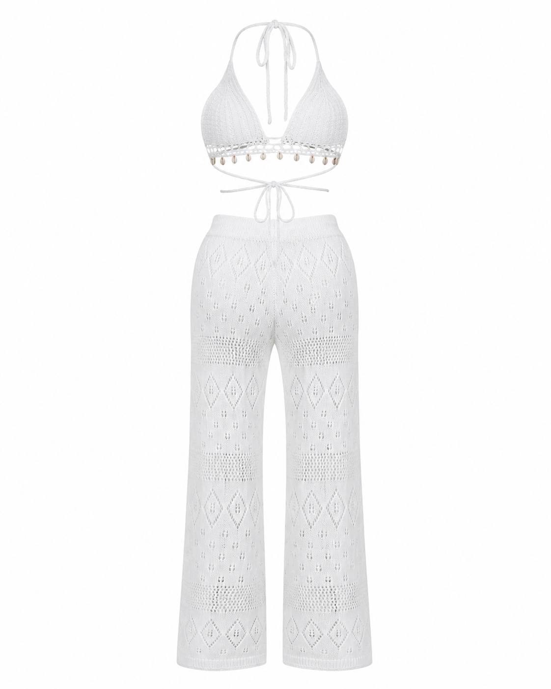 Crochet Knit Halter Neck Top and Wide Leg Pants Set