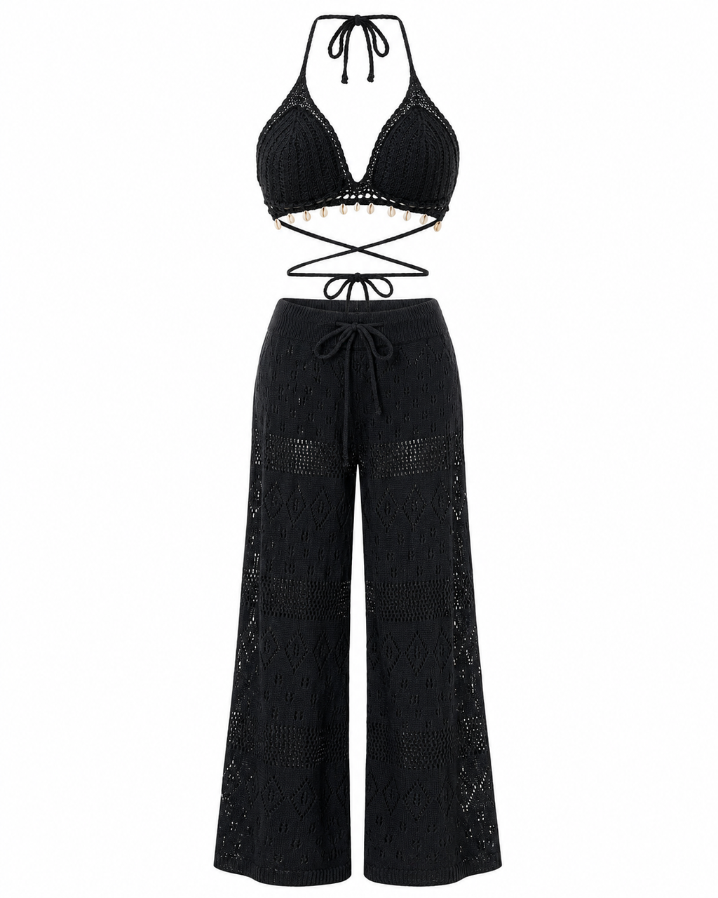 Crochet Knit Halter Neck Top and Wide Leg Pants Set