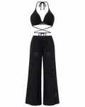 Crochet Knit Halter Neck Top and Wide Leg Pants Set
