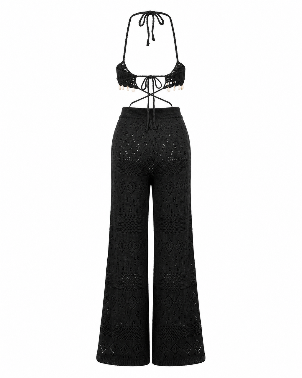 Crochet Knit Halter Neck Top and Wide Leg Pants Set