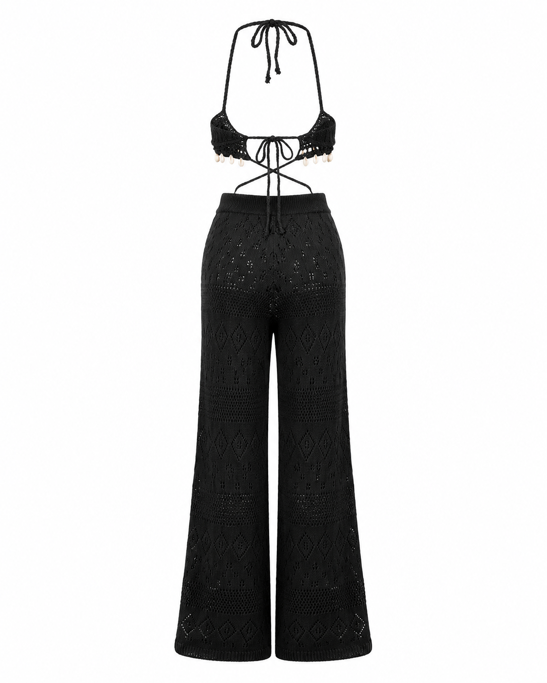 Crochet Knit Halter Neck Top and Wide Leg Pants Set