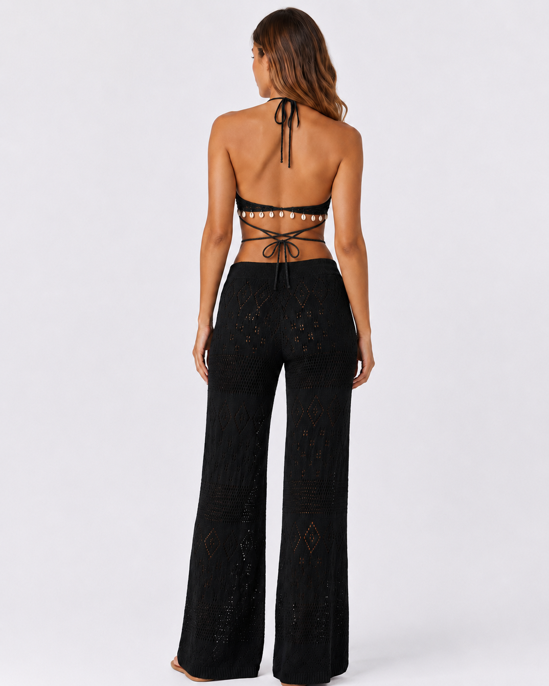 Crochet Knit Halter Neck Top and Wide Leg Pants Set