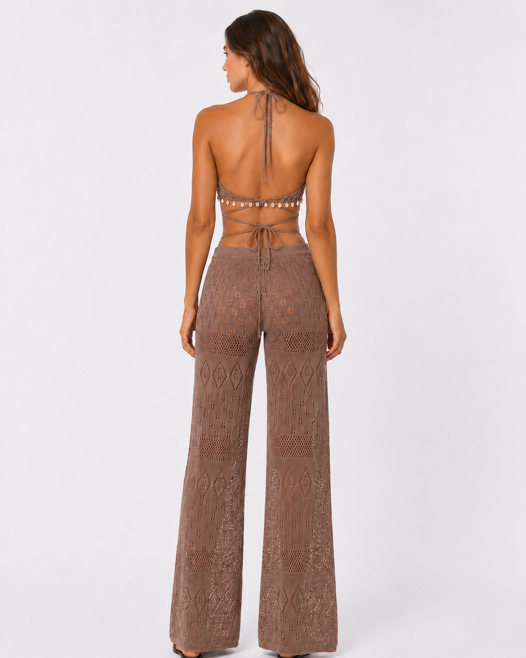 Crochet Knit Halter Neck Top and Wide Leg Pants Set