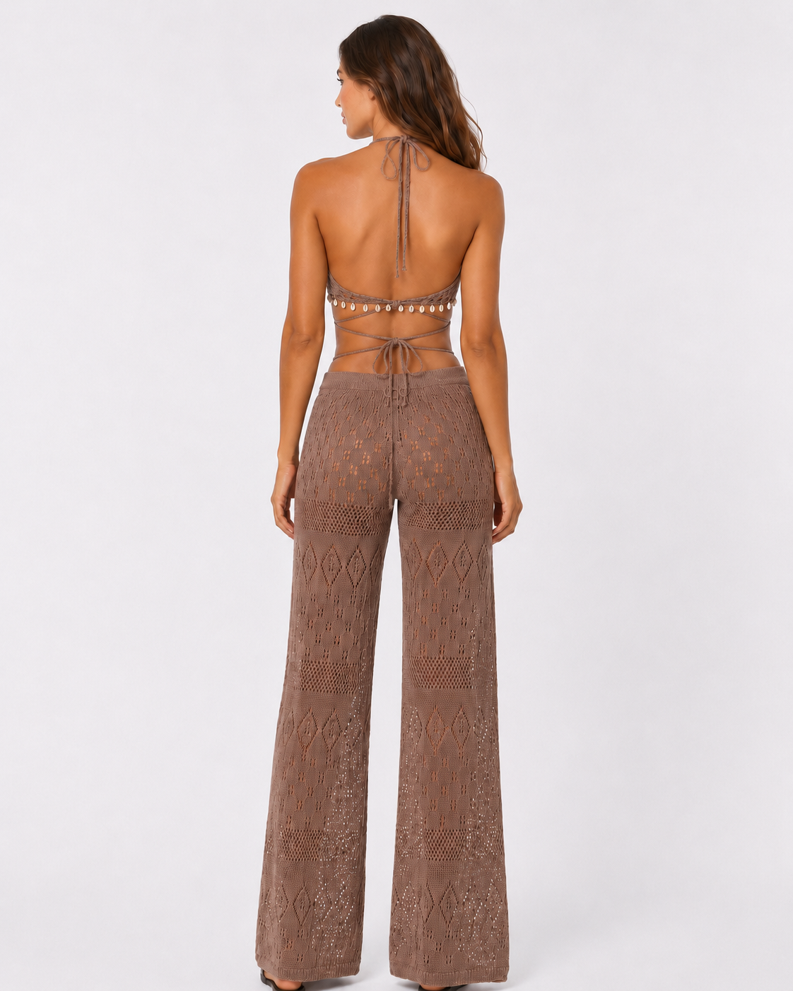 Crochet Knit Halter Neck Top and Wide Leg Pants Set
