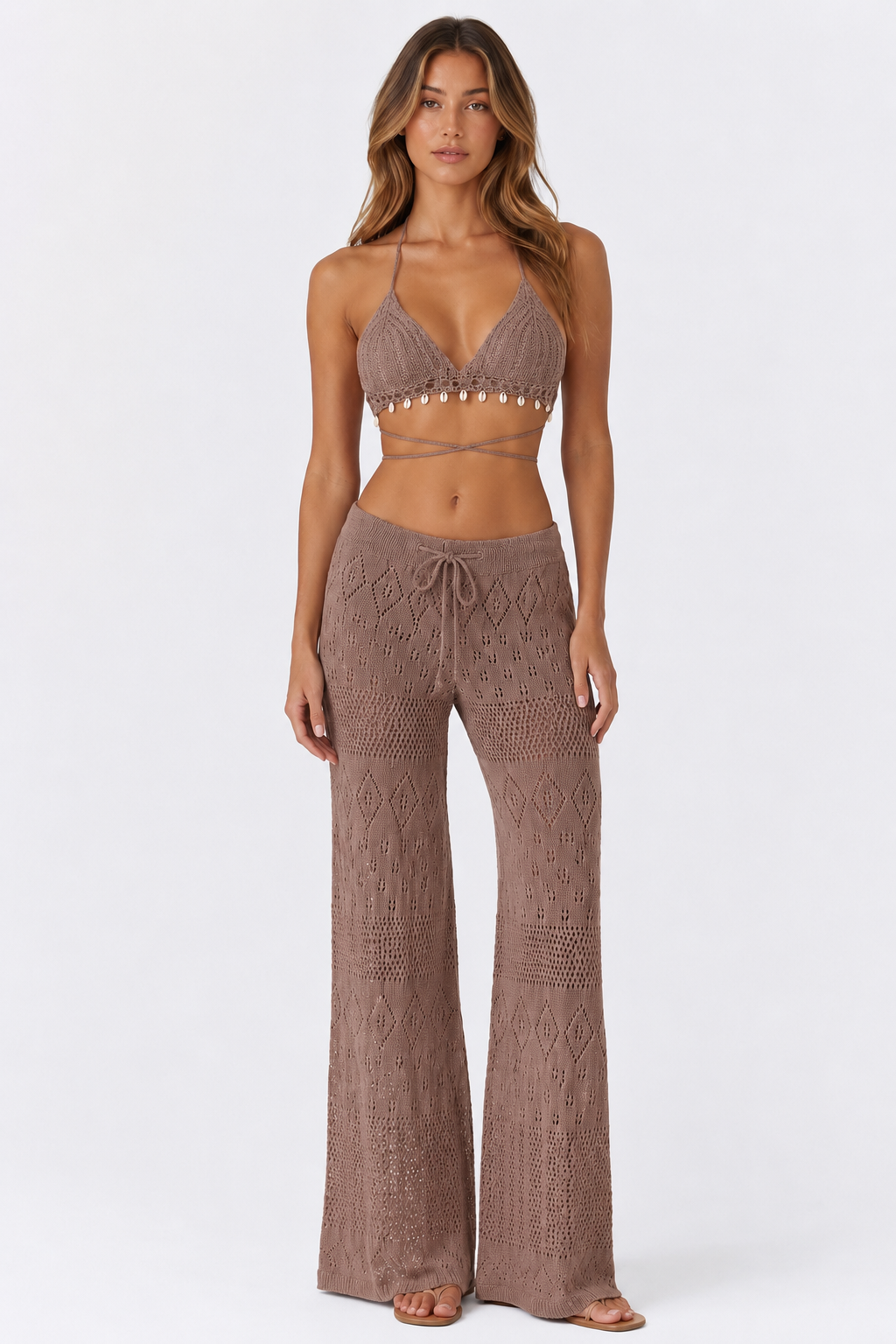 Crochet Knit Halter Neck Top and Wide Leg Pants Set