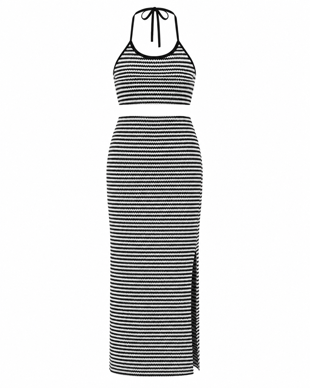 Perfee Striped Halter Neck Top and Slit Skirt Set