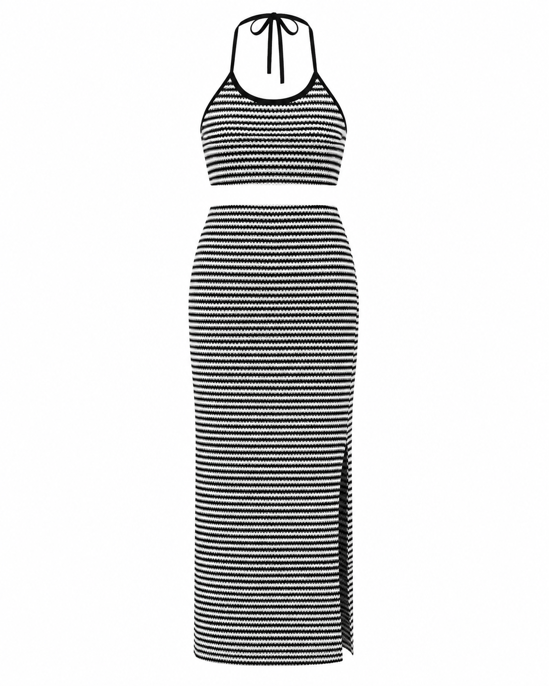 Perfee Striped Halter Neck Top and Slit Skirt Set