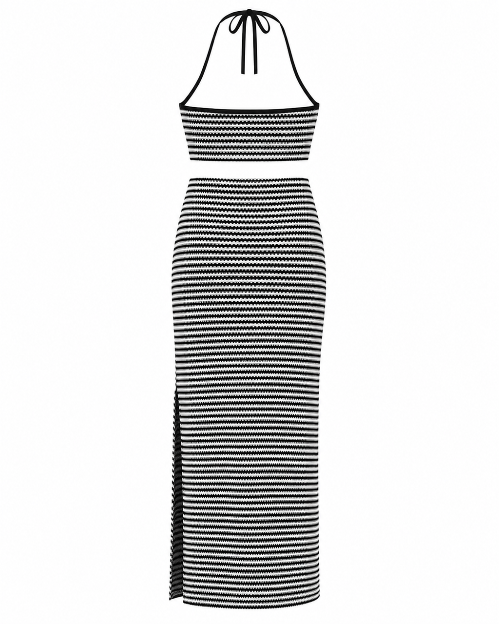 Perfee Striped Halter Neck Top and Slit Skirt Set