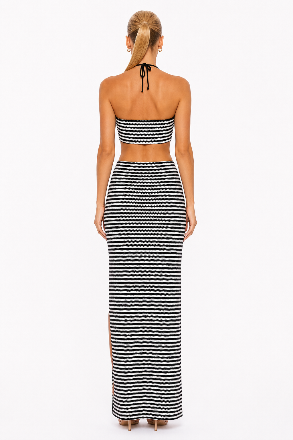 Perfee Striped Halter Neck Top and Slit Skirt Set