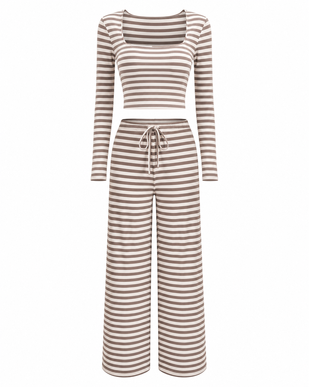 Striped Long Sleeve Crop Top & Wide Leg Pants Set