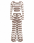 Striped Long Sleeve Crop Top & Wide Leg Pants Set