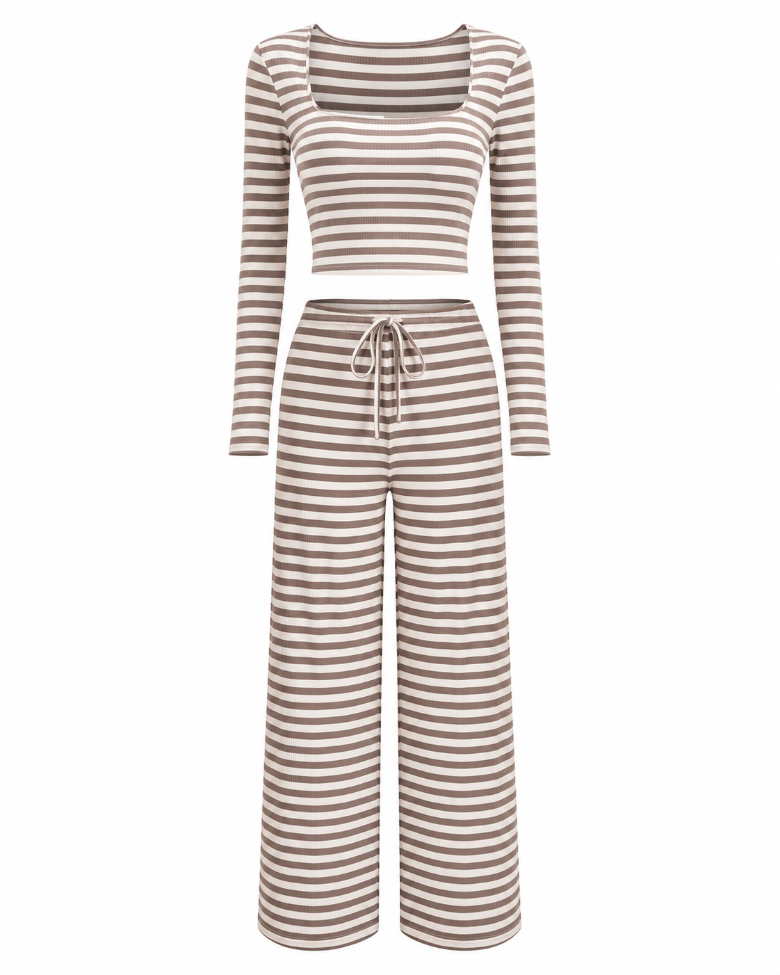 Striped Long Sleeve Crop Top & Wide Leg Pants Set
