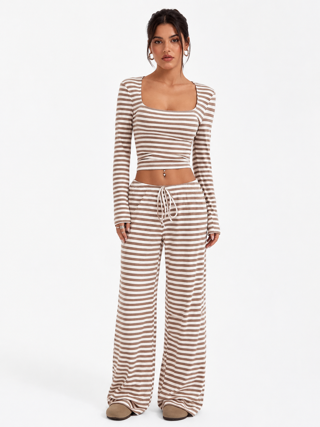 Striped Long Sleeve Crop Top & Wide Leg Pants Set