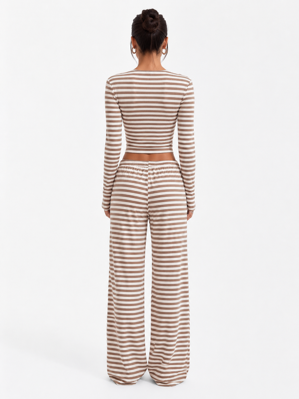 Striped Long Sleeve Crop Top & Wide Leg Pants Set