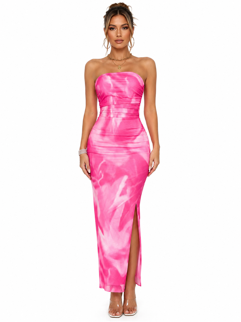 Tie-Dye Ruched Bodycon Tube Slit Dress