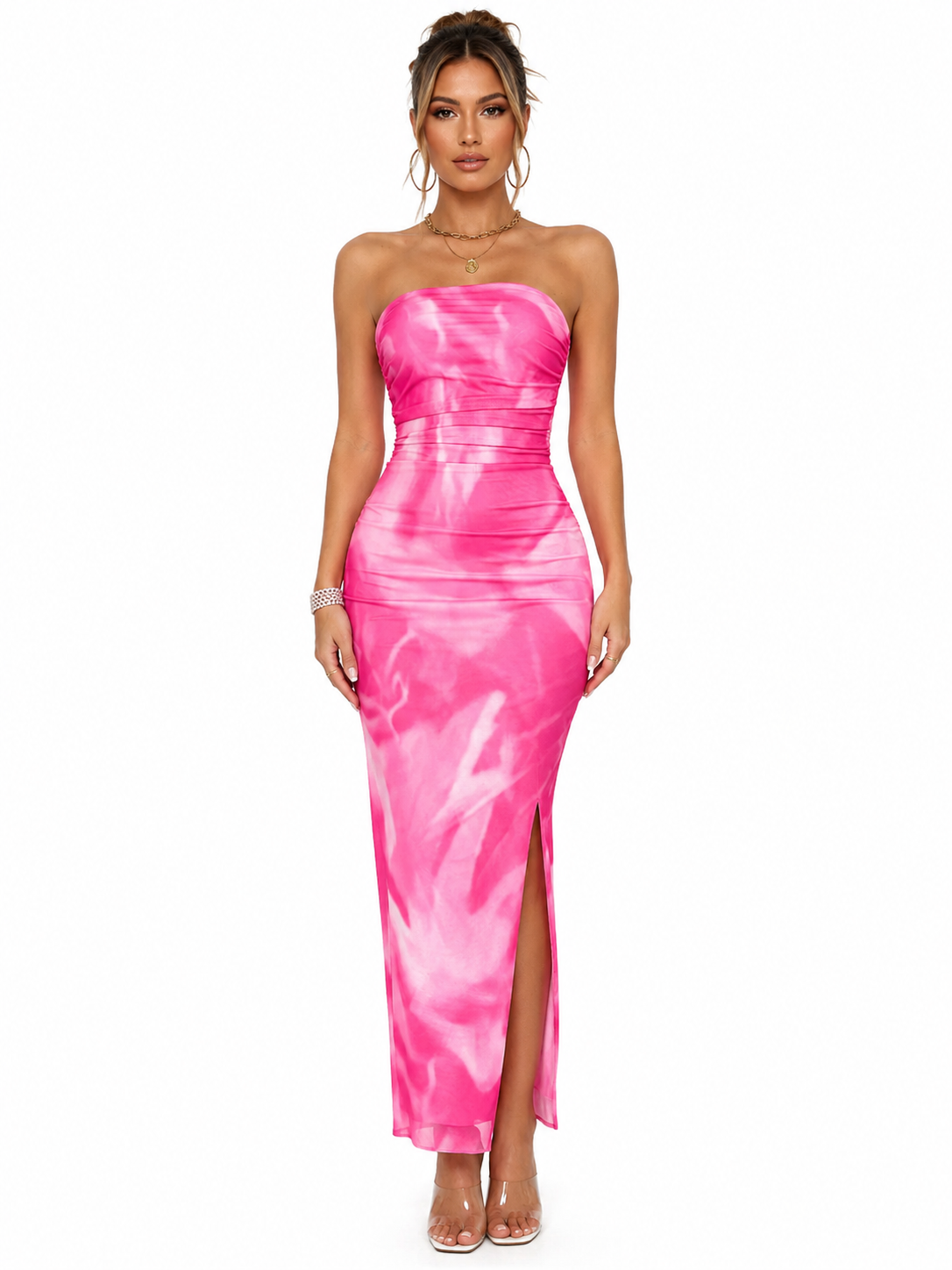 Tie-Dye Ruched Bodycon Tube Slit Dress