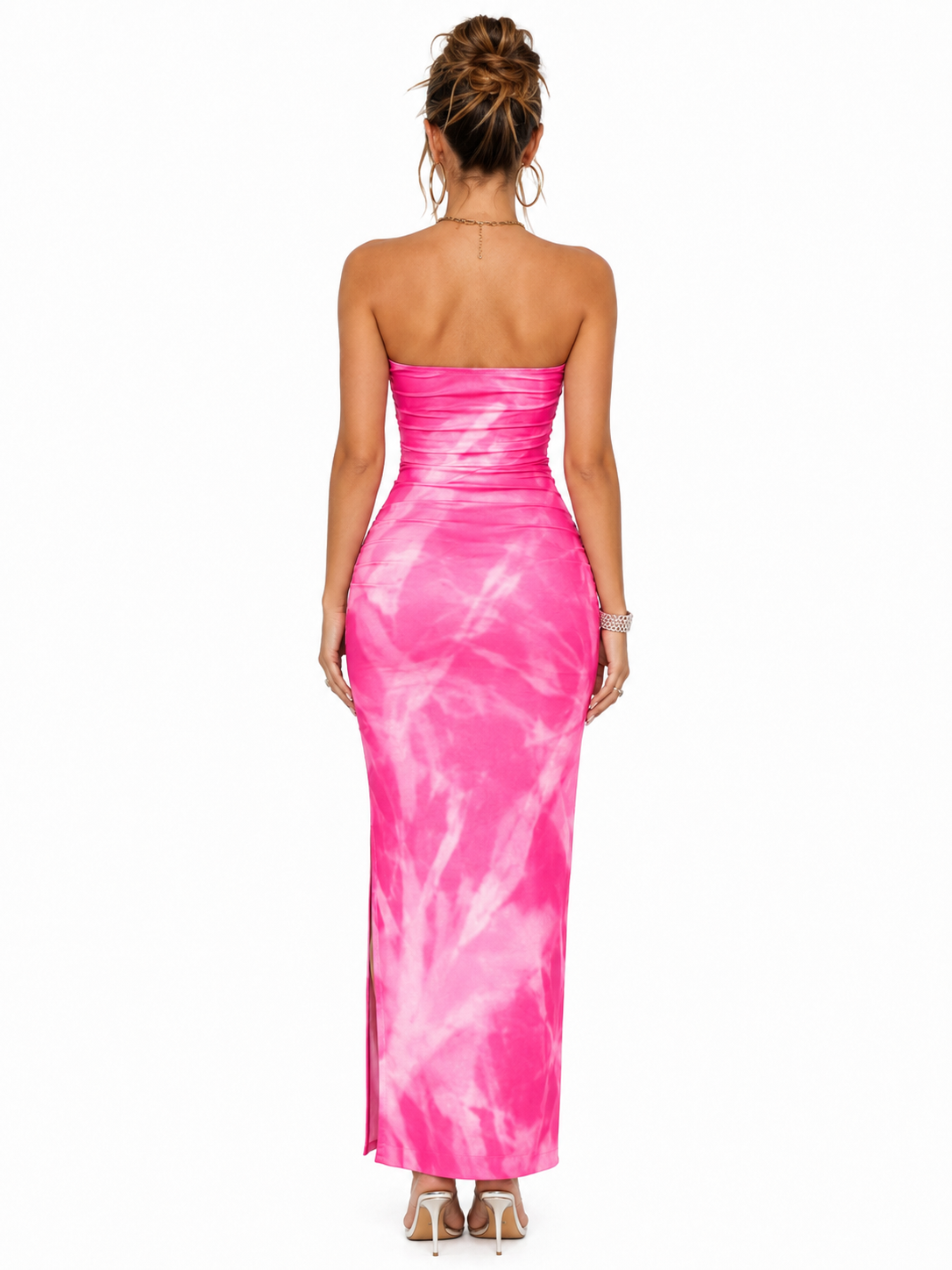Tie-Dye Ruched Bodycon Tube Slit Dress