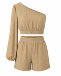 Honey One-Shoulder Balloon Sleeve Crop Top and Shorts Set