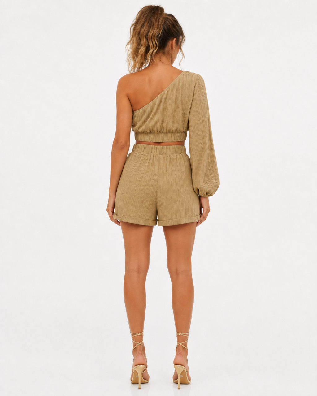 Honey One-Shoulder Balloon Sleeve Crop Top and Shorts Set