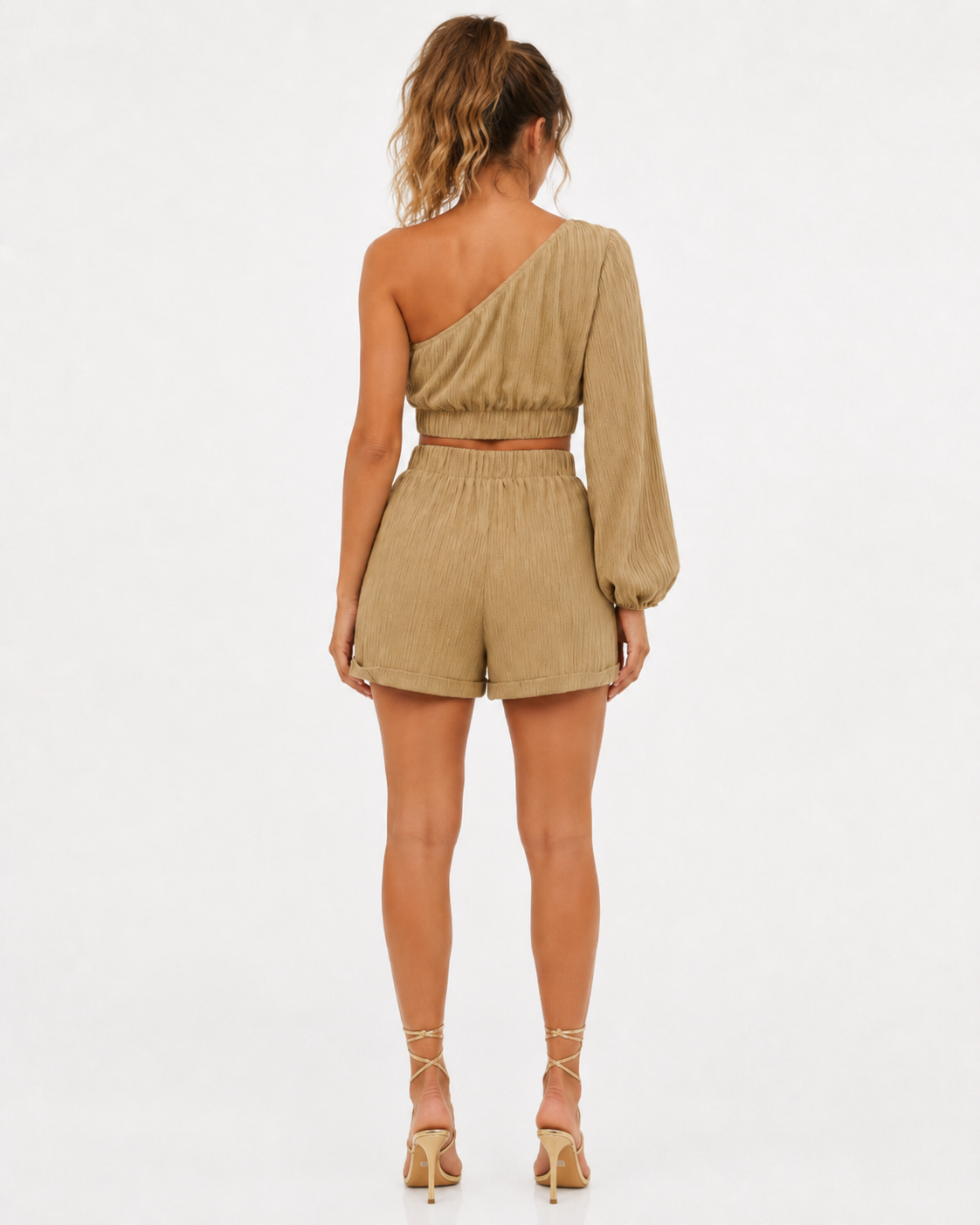 Honey One-Shoulder Balloon Sleeve Crop Top and Shorts Set