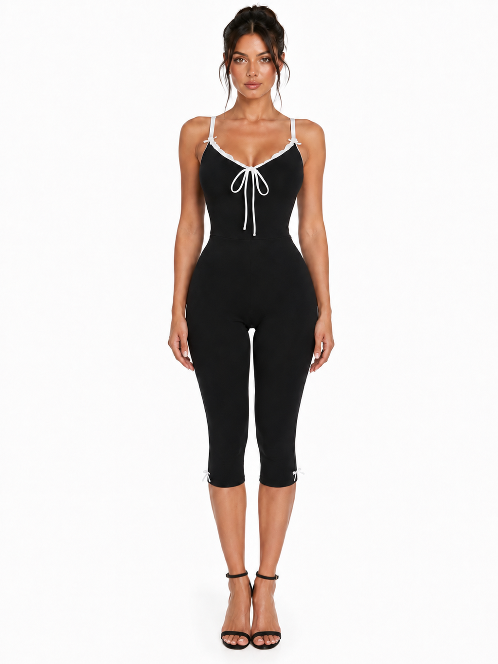 Lace Trim Tie-Front Capri Jumpsuit