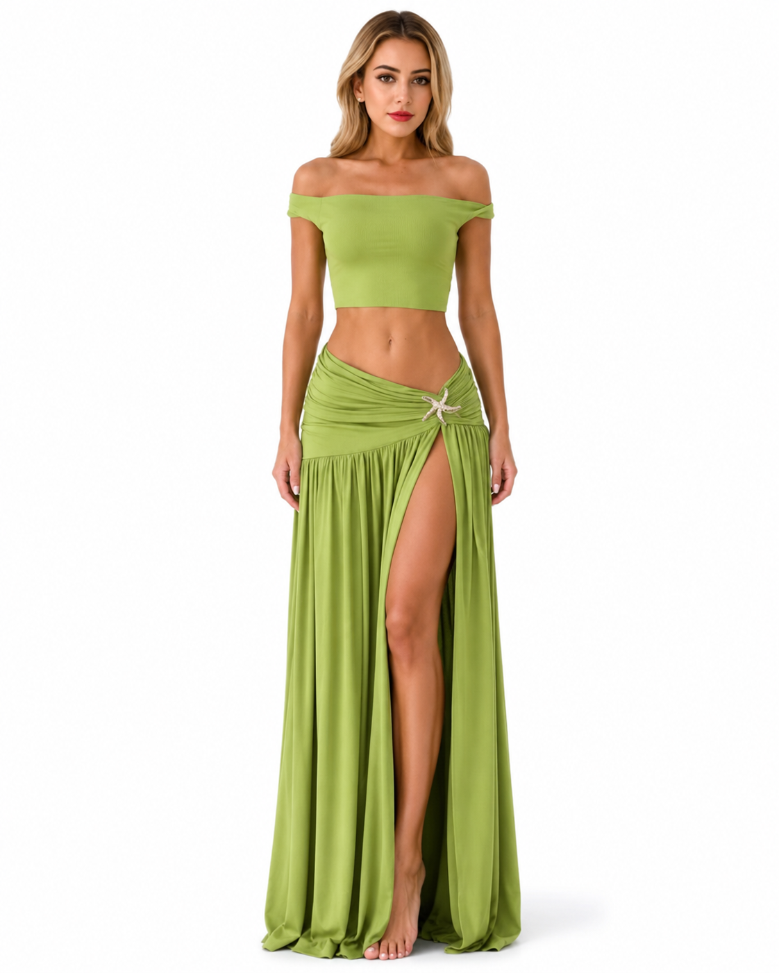 Off-Shoulder Top and Split Skirt Set