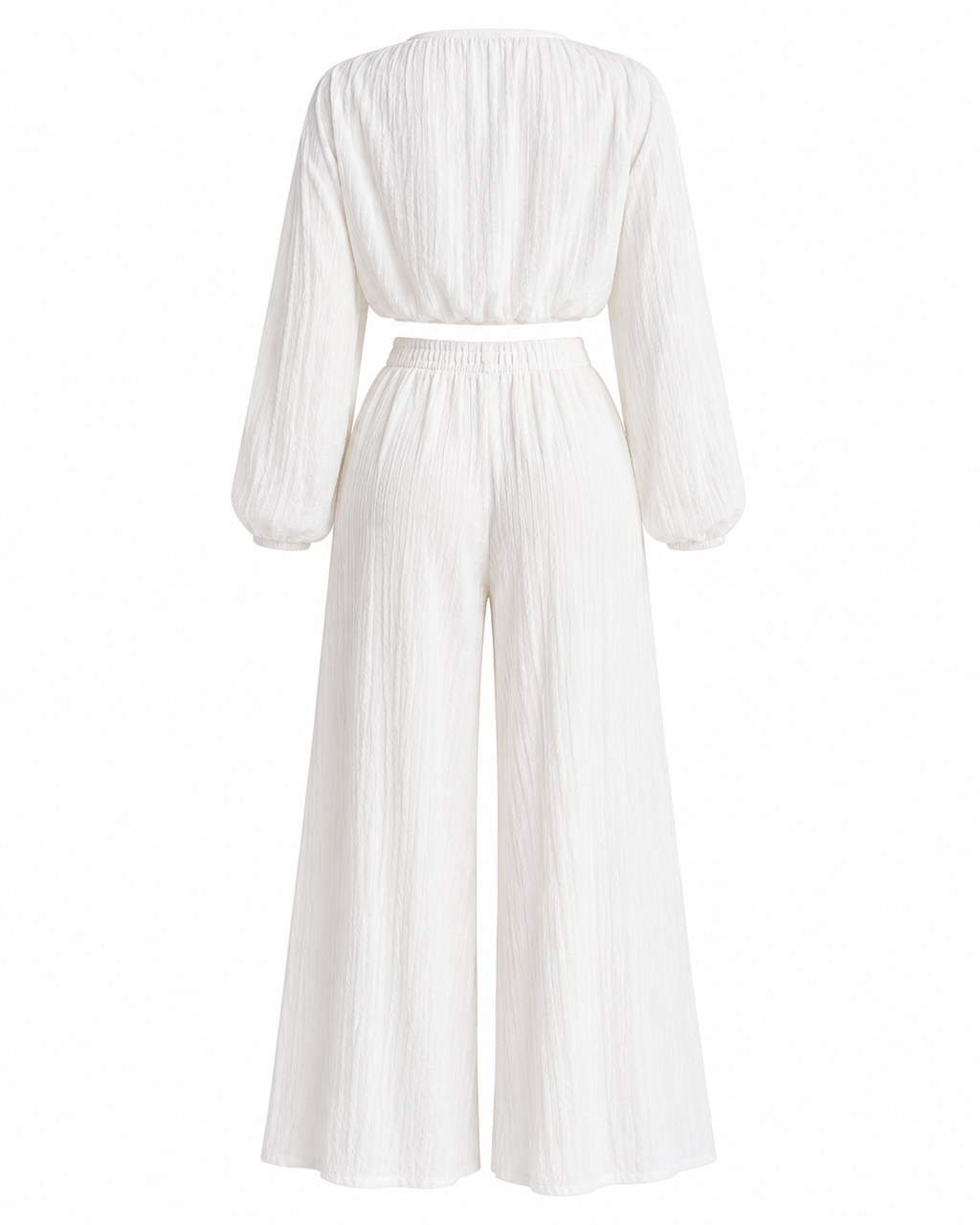 Textured Tie-Front Crop Top and Wide Leg Pants Set
