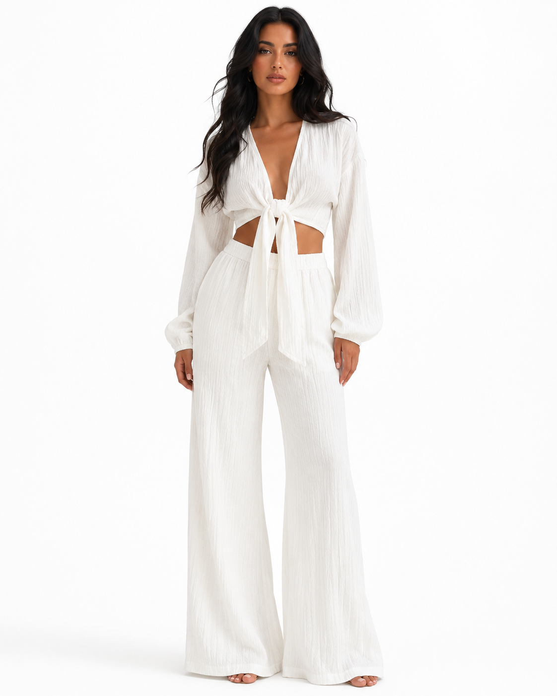Textured Tie-Front Crop Top and Wide Leg Pants Set