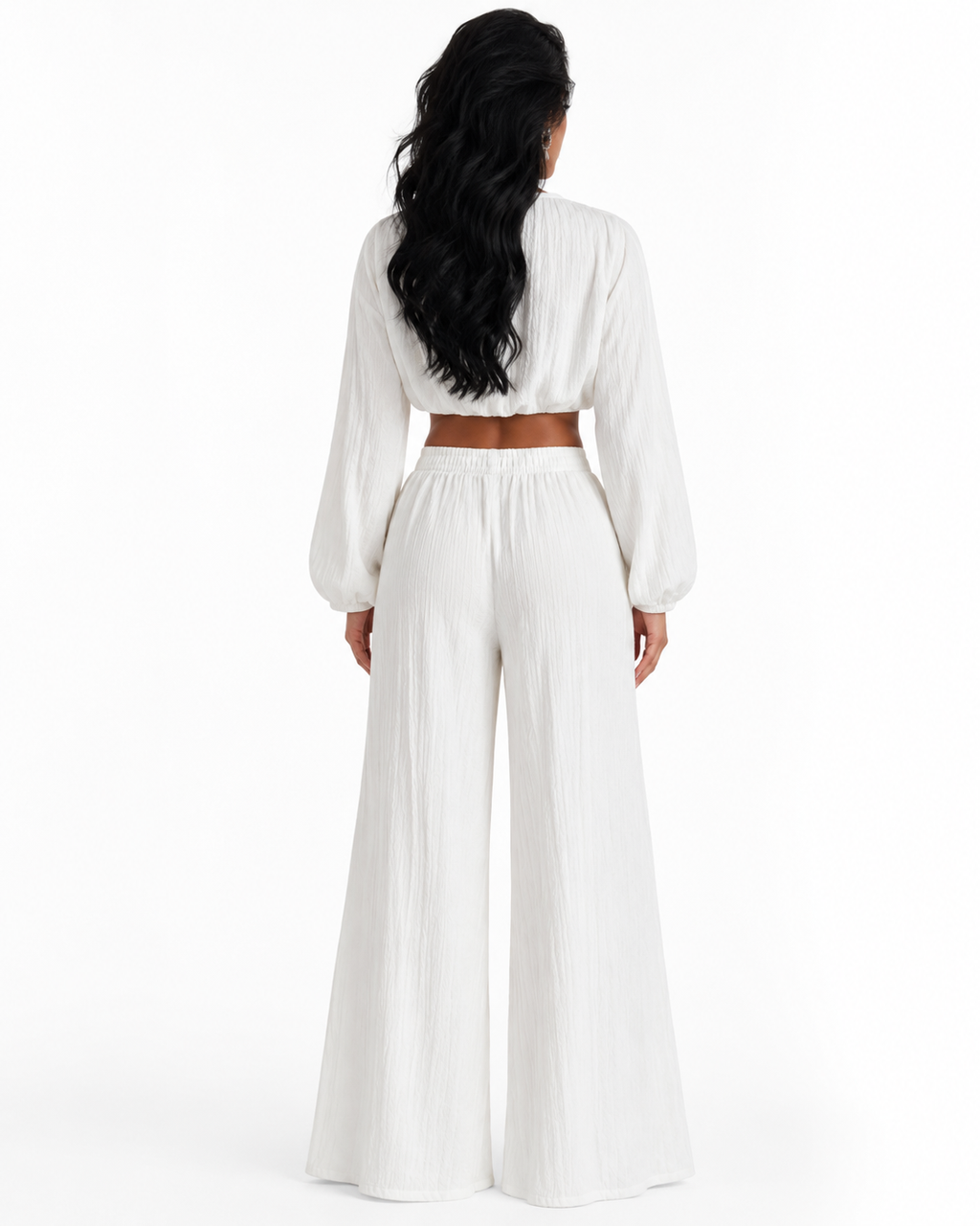 Textured Tie-Front Crop Top and Wide Leg Pants Set