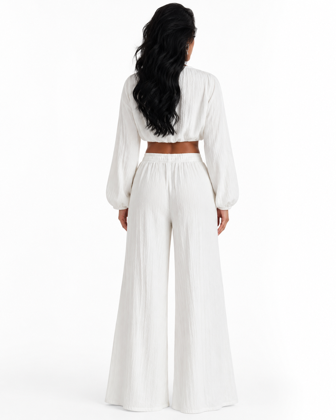 Textured Tie-Front Crop Top and Wide Leg Pants Set