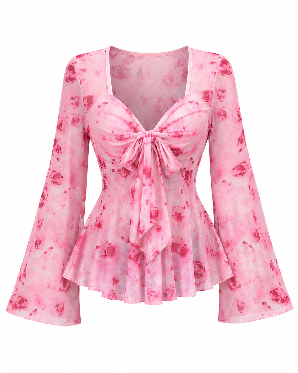 Pink Floral Tie-Front Bell Sleeve Blouse