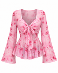 Pink Floral Tie-Front Bell Sleeve Blouse