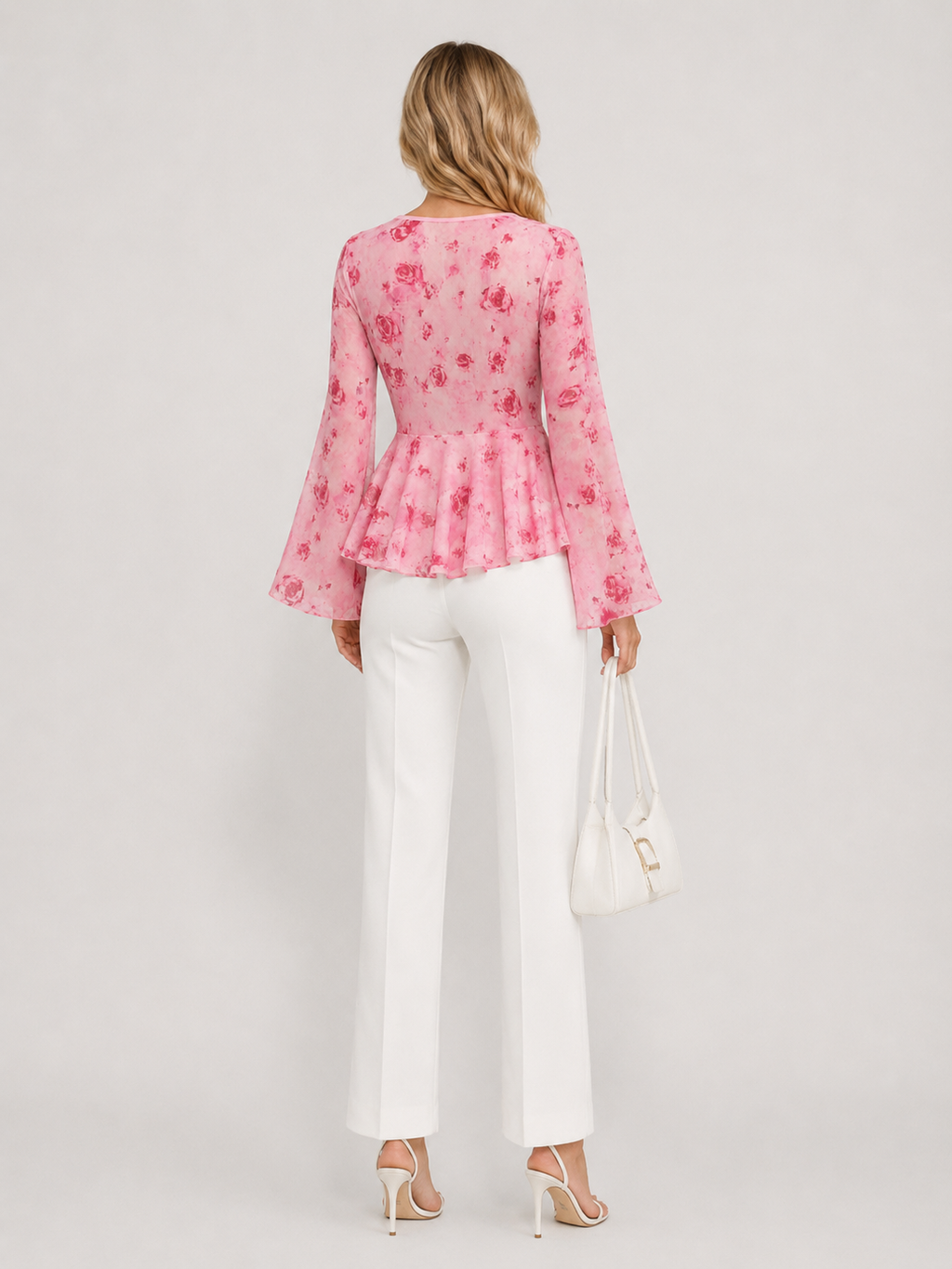 Pink Floral Tie-Front Bell Sleeve Blouse