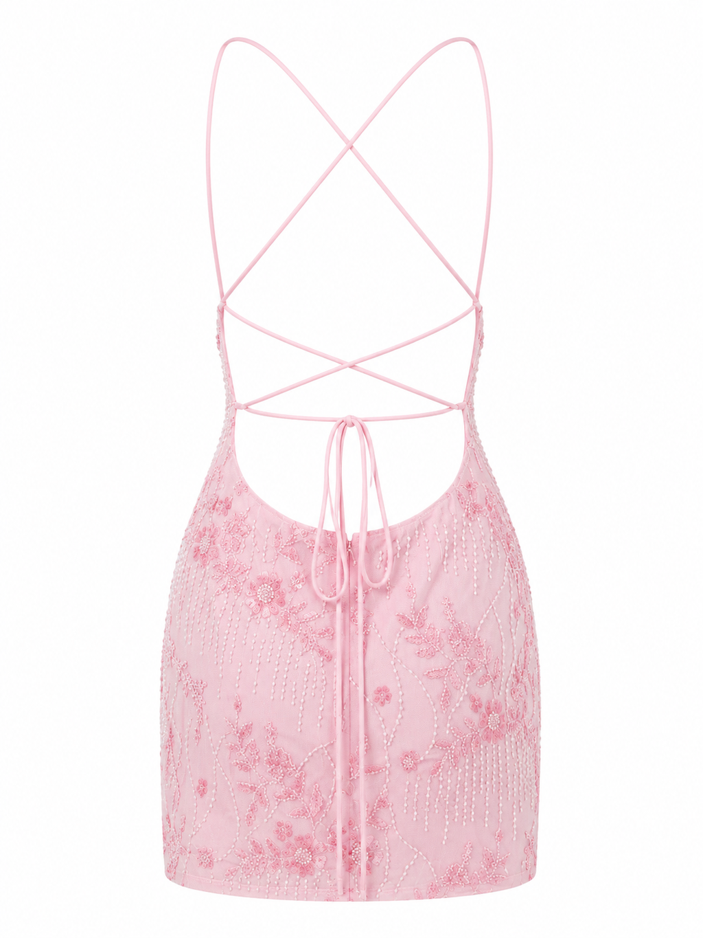Pink Embroidered Lace-Up Mini Dress