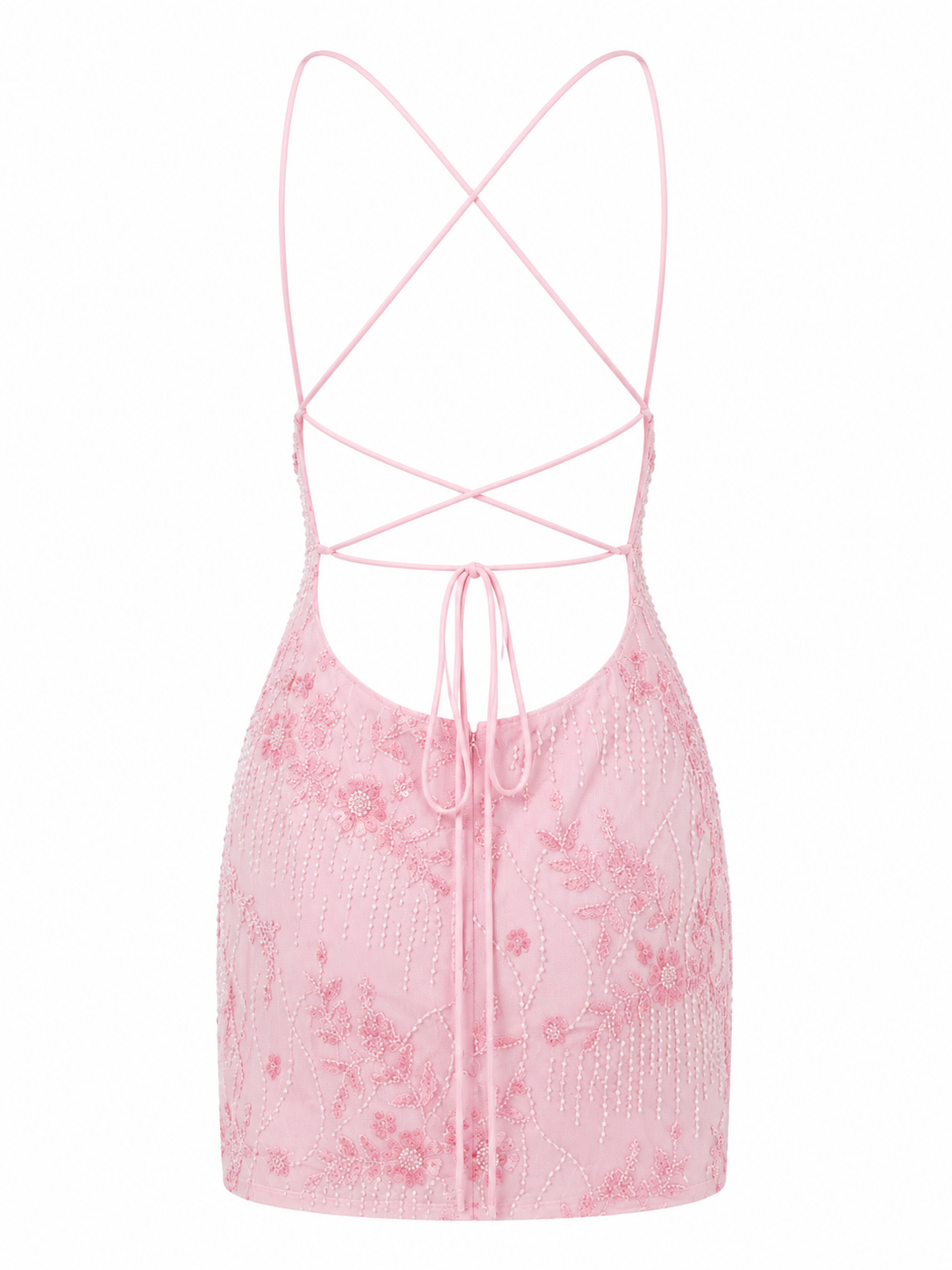 Pink Embroidered Lace-Up Mini Dress