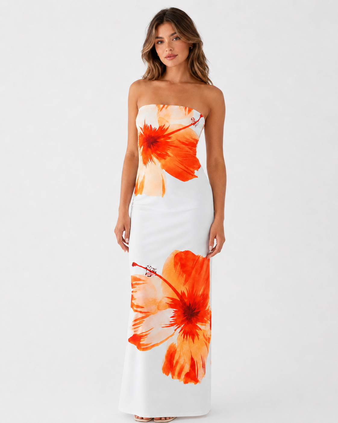 Orange Floral Strapless Maxi Dress