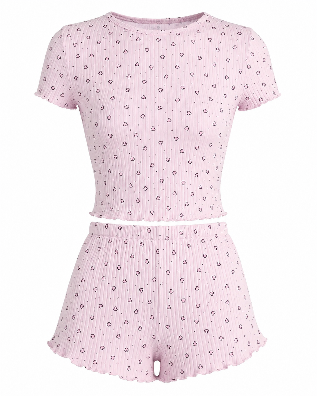 Heart Print Ribbed Knit Top and Shorts Lounge Set